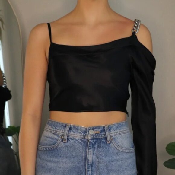 NWT Zara Satin Effect Asymmetric Chain Shoulder Top - Picture 2 of 8